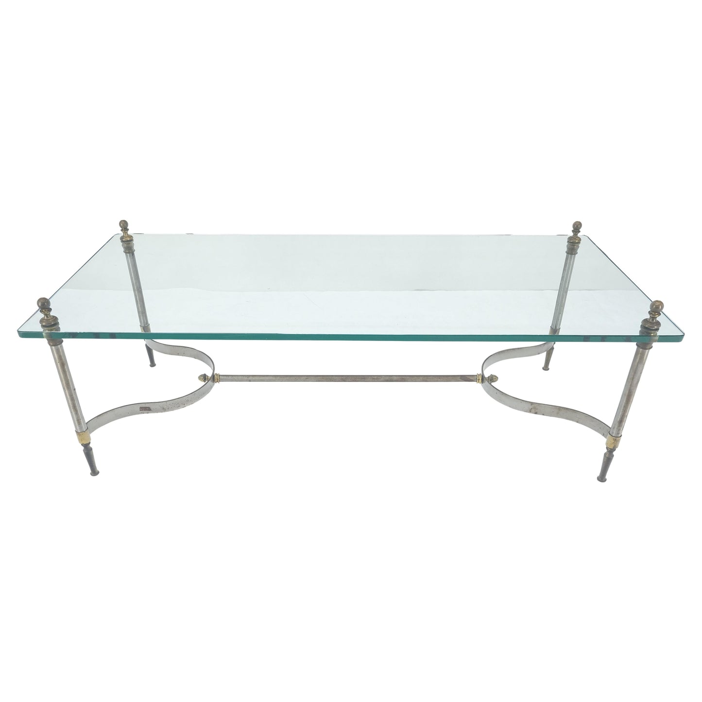 EstablishedLines Thick 3/4" 24x52 Rectangle Glass Top Chrome & Brass  Base MCM Coffee Patina