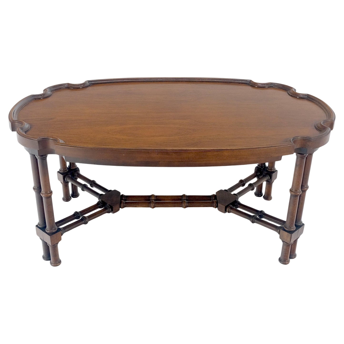 EstablishedLines Faux Bamboo Walnut Oval Shield Shape Compact 37" Long Coffee Side Table MINT