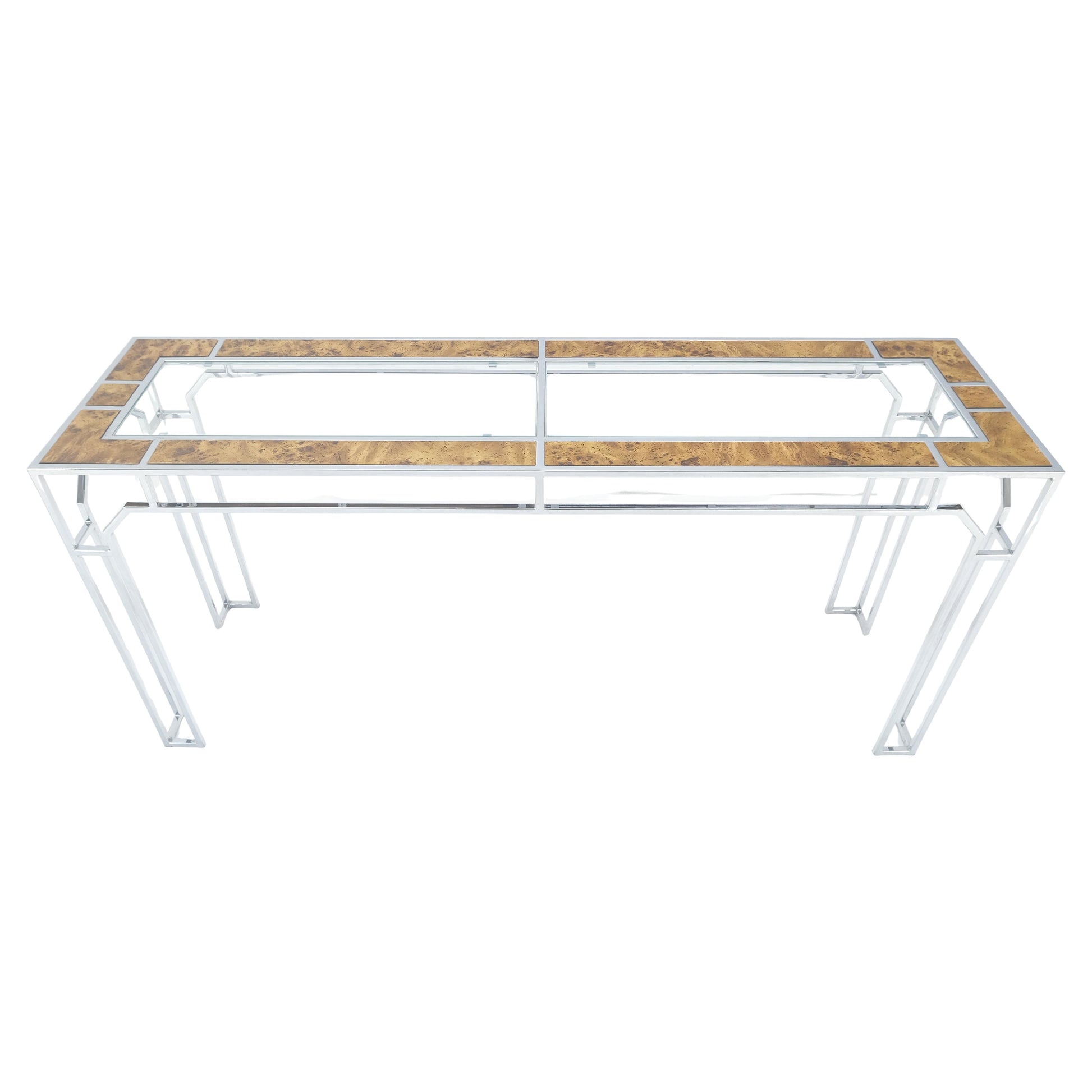 EstablishedLines Chrome Glass Burl Wood 58" Long Mid Century Modern Console Sofa Table MINT