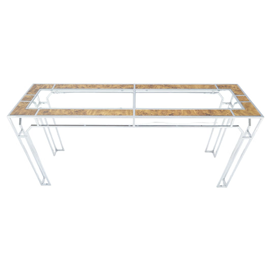 EstablishedLines Chrome Glass Burl Wood 58" Long Mid Century Modern Console Sofa Table MINT