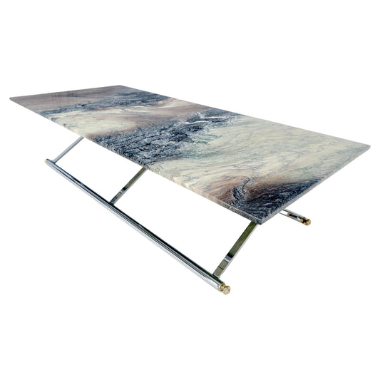 EstablishedLines Mid Century Modern Chrome X-Shape & Brass Base 32x67 Marble Top Coffee Table