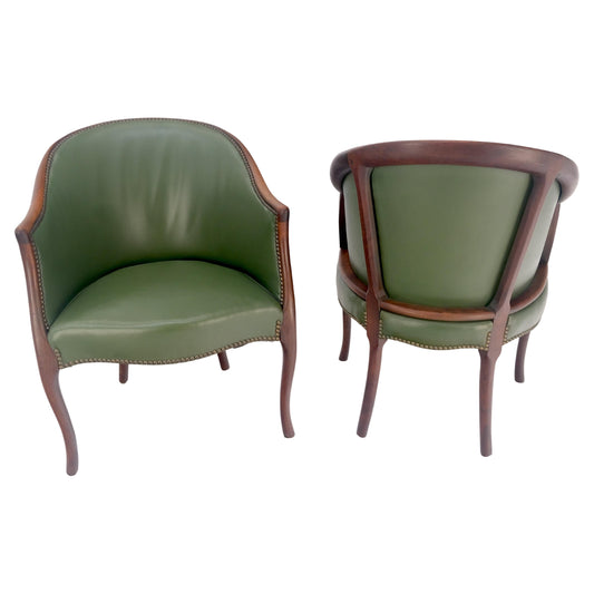 EstablishedLines Pair Very Fine Solid Mahogany Barrel Back Leather Leather Upholstery Armchairs