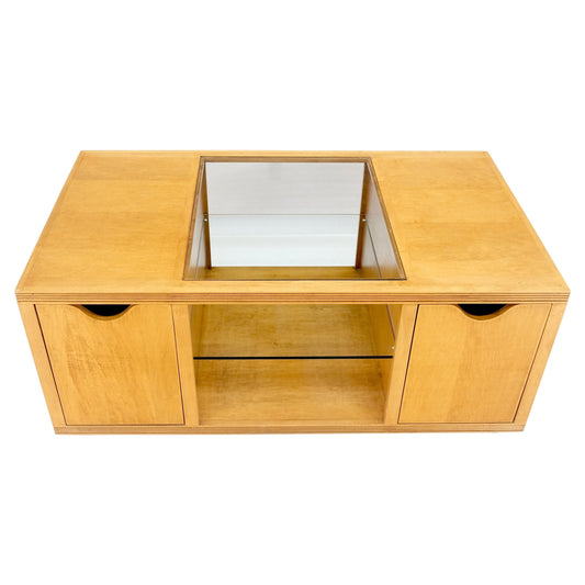 EstablishedLines Large Box Shape Glass Top Birch Plywood Deep Drawers Storage Coffee Table MCM