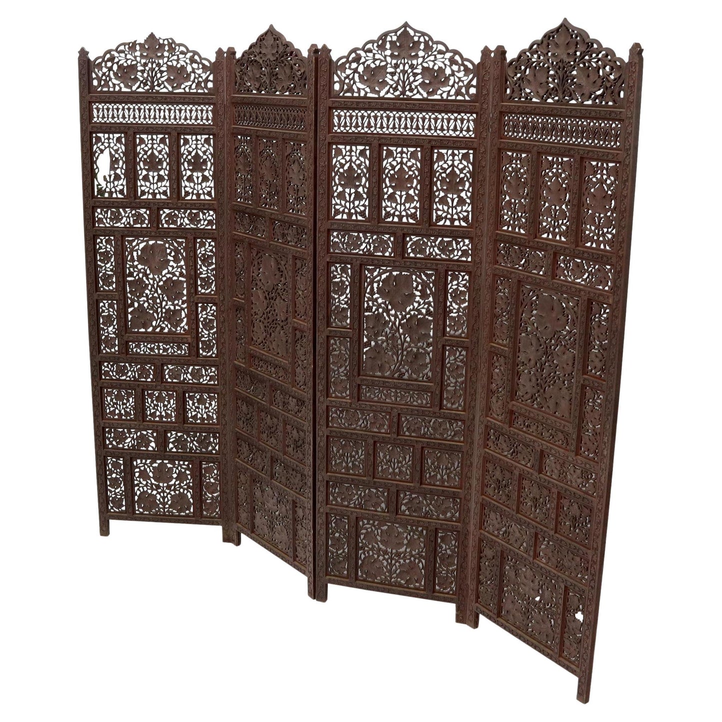 EstablishedLines Four-Panel Finely Carved Teak Room Divider Screen