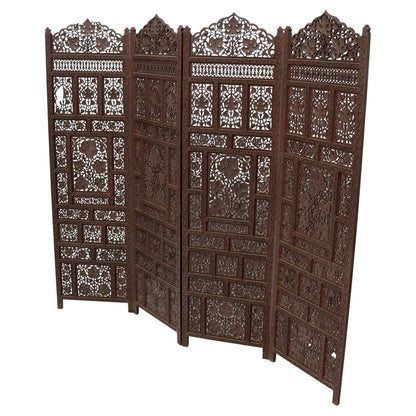 EstablishedLines Four-Panel Finely Carved Teak Room Divider Screen