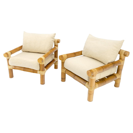 EstablishedLines Pair of Thick Bamboo Upholstered Lounge Chairs Mid Century Modern MINT