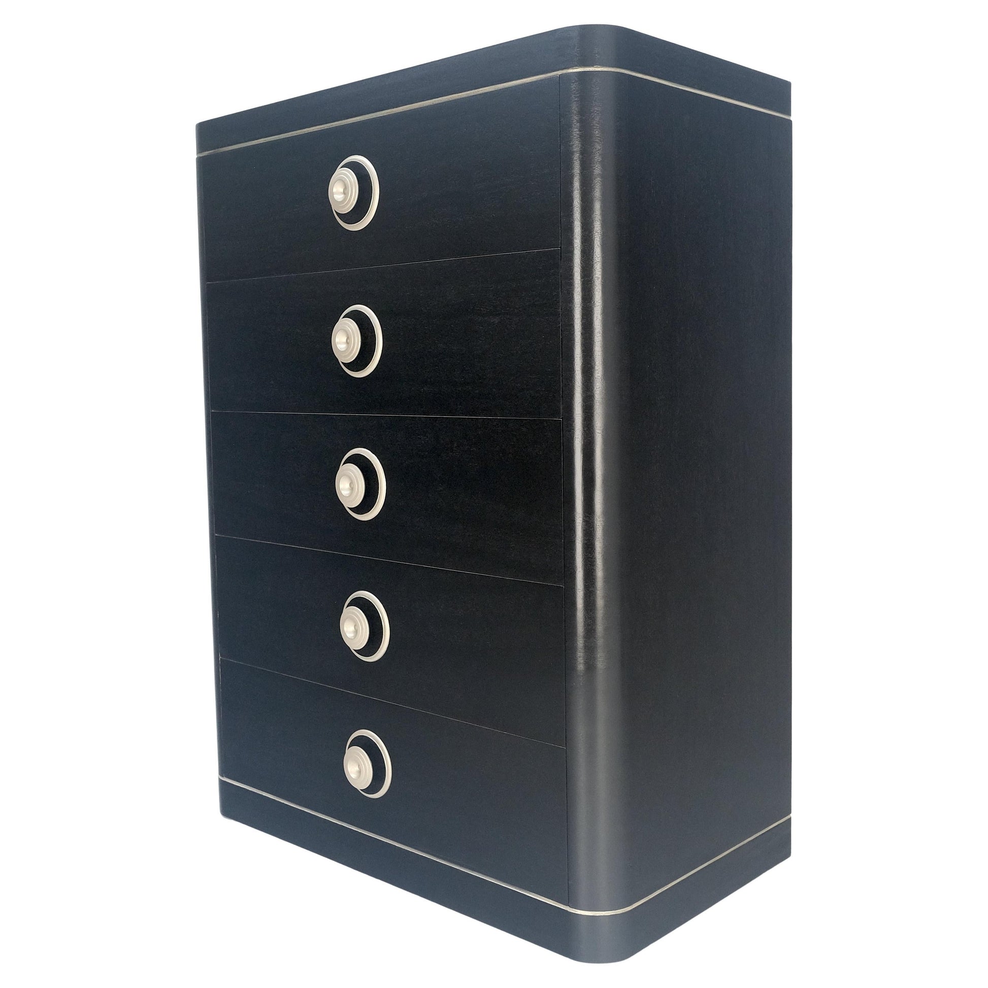 EstablishedLines Black Lacquer & Silver 5 Drawers Art Deco Tall Chest Dresser MINT