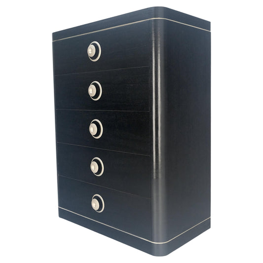 EstablishedLines Black Lacquer & Silver 5 Drawers Art Deco Tall Chest Dresser MINT