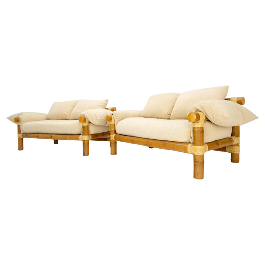 EstablishedLines Pair of c1970s Vintage Massive Thick Bamboo Bases Loveseats MINT