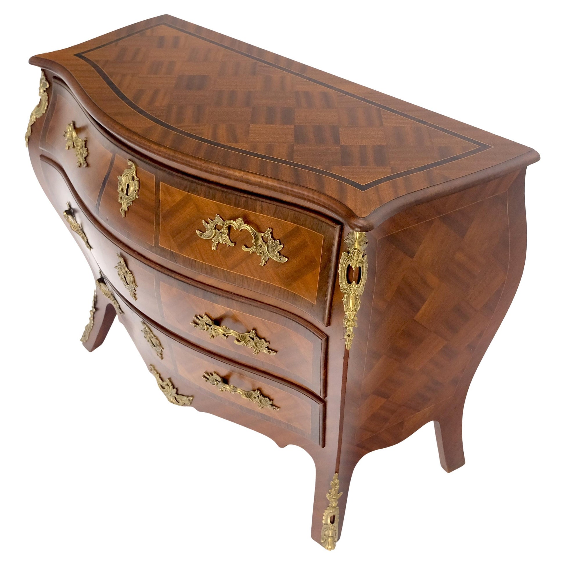 EstablishedLines Bombe French Parquetry Top Bronze Mount Ormolu Mount 3 Drawers Dresser MINT