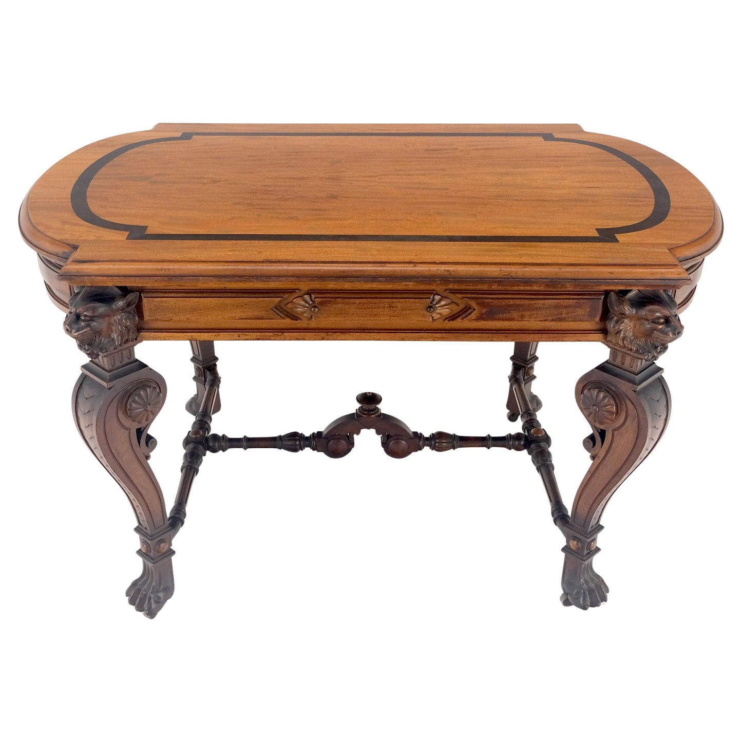 EstablishedLines Carved Lion Face & Foot Legs Renaissance Revival Inlaid Walnut Center Table MINT