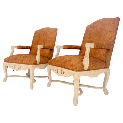 EstablishedLines Pair of Fine Carved White Lacquer Rouge Floral Upholstery Arm Club Chairs MINT