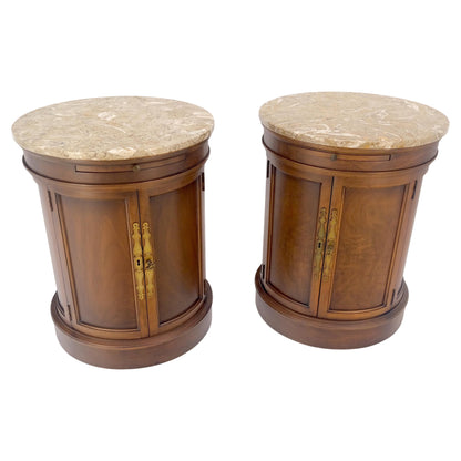 EstablishedLines Pair of Round Cylinder Shape Two Doors End Lamp Tables Stands Pull Out Trays