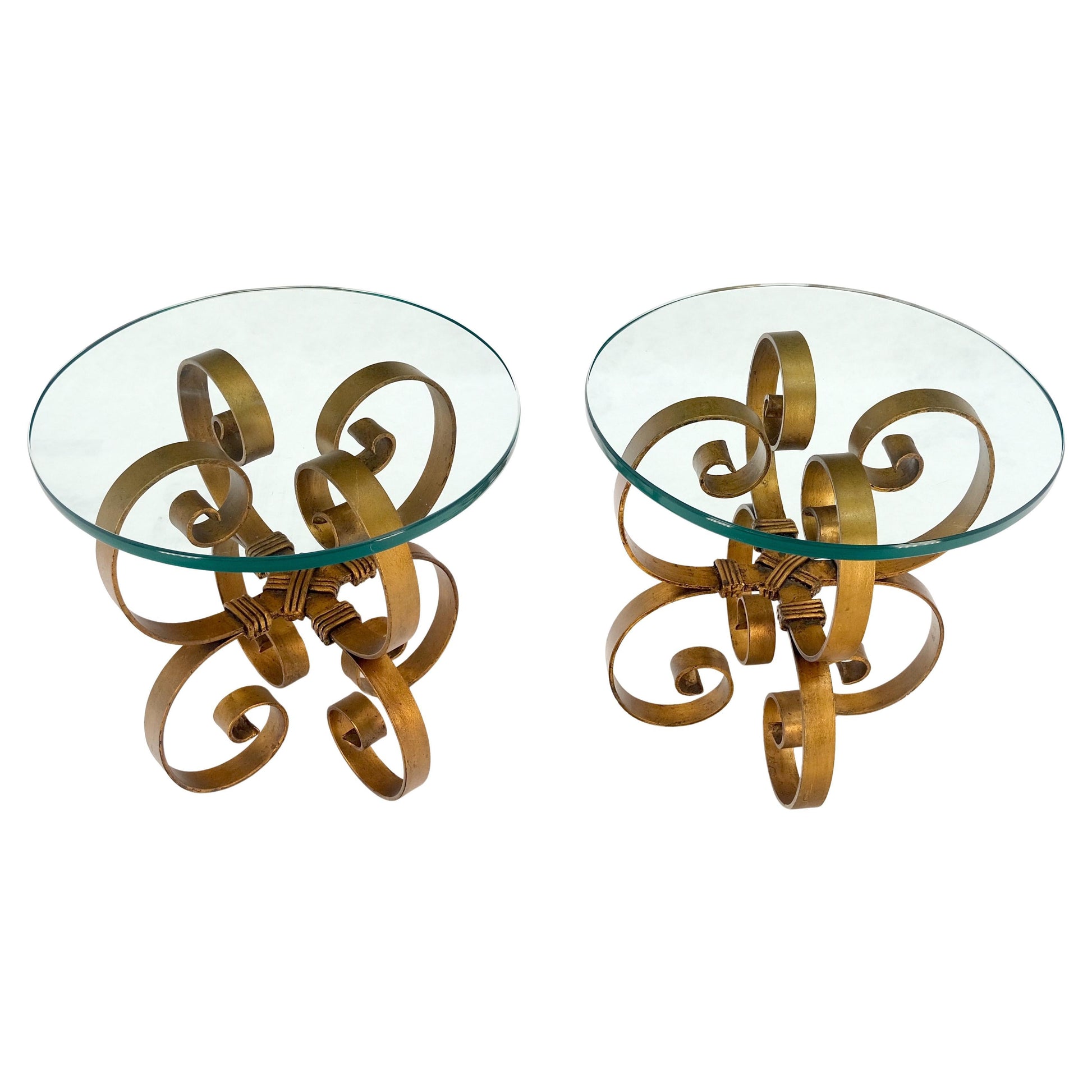 EstablishedLines Pair Italian Think 3/4" Glass Top Gold Gilt Scrolls Shape Bases End Tables Stand