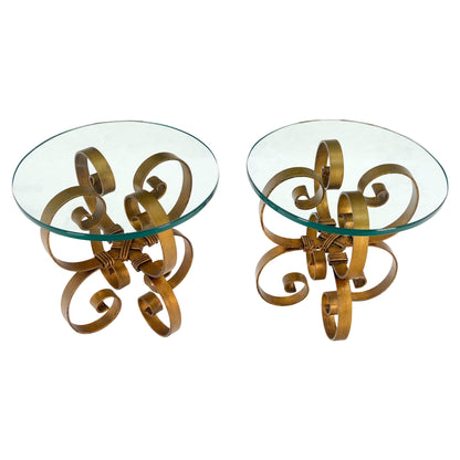 EstablishedLines Pair Italian Think 3/4" Glass Top Gold Gilt Scrolls Shape Bases End Tables Stand