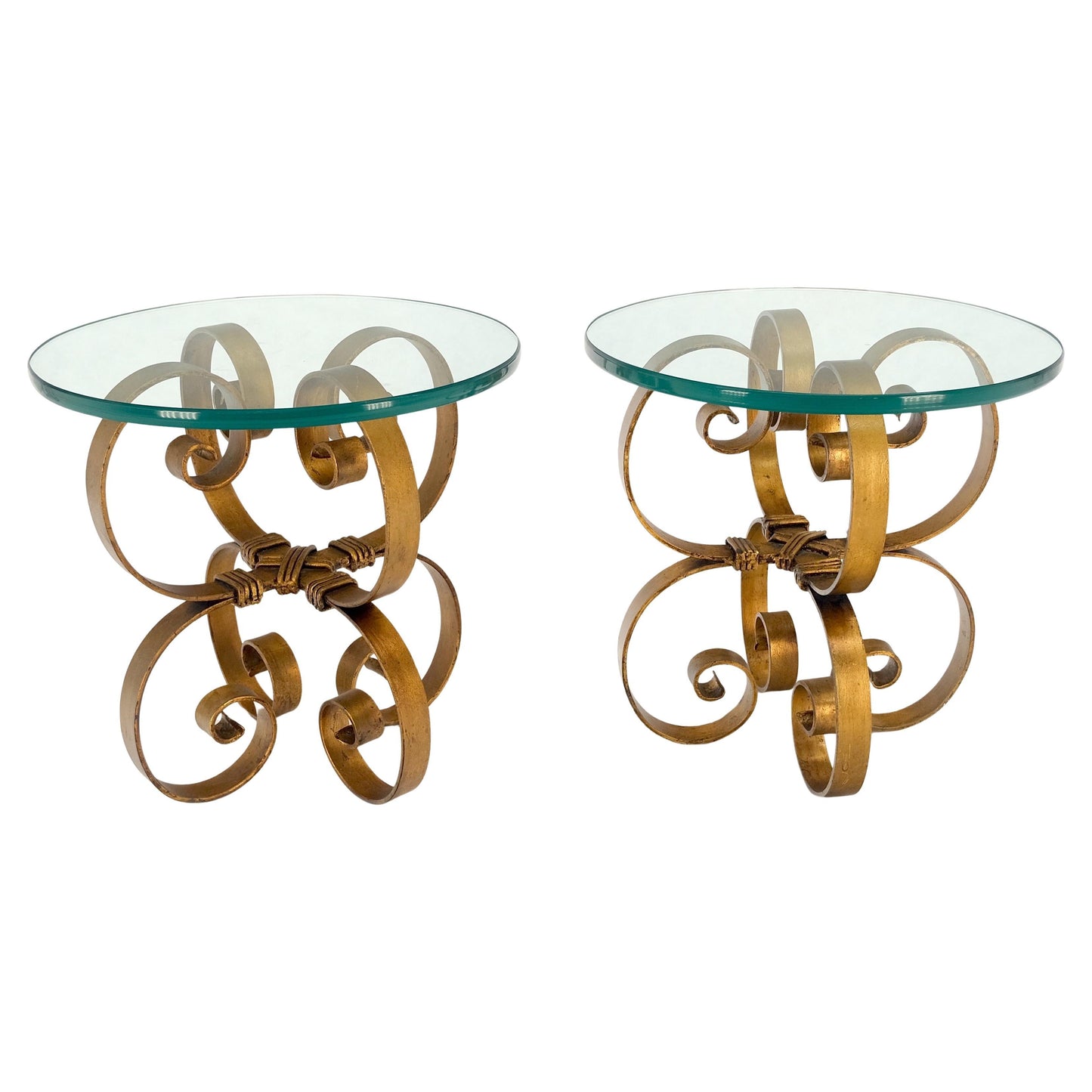 EstablishedLines Pair Italian Think 3/4" Glass Top Gold Gilt Scrolls Shape Bases End Tables Stand