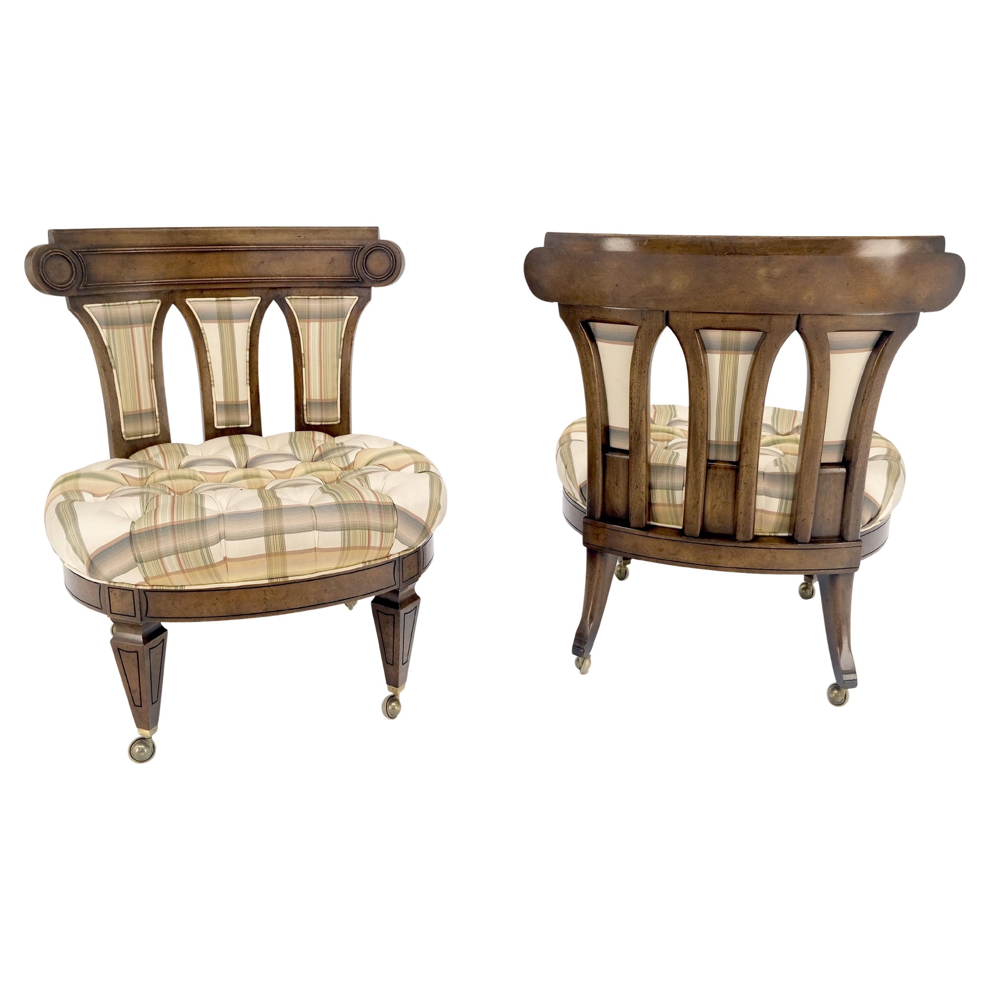 EstablishedLines Pair of Tufted Seats Burl Wood Back Oval Seats Slipper Chairs on Caters MINT