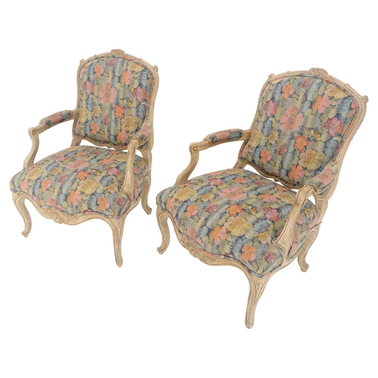 EstablishedLines Pair of French Provincial Decorative Floral Pattern Carved Arm Chairs MINT