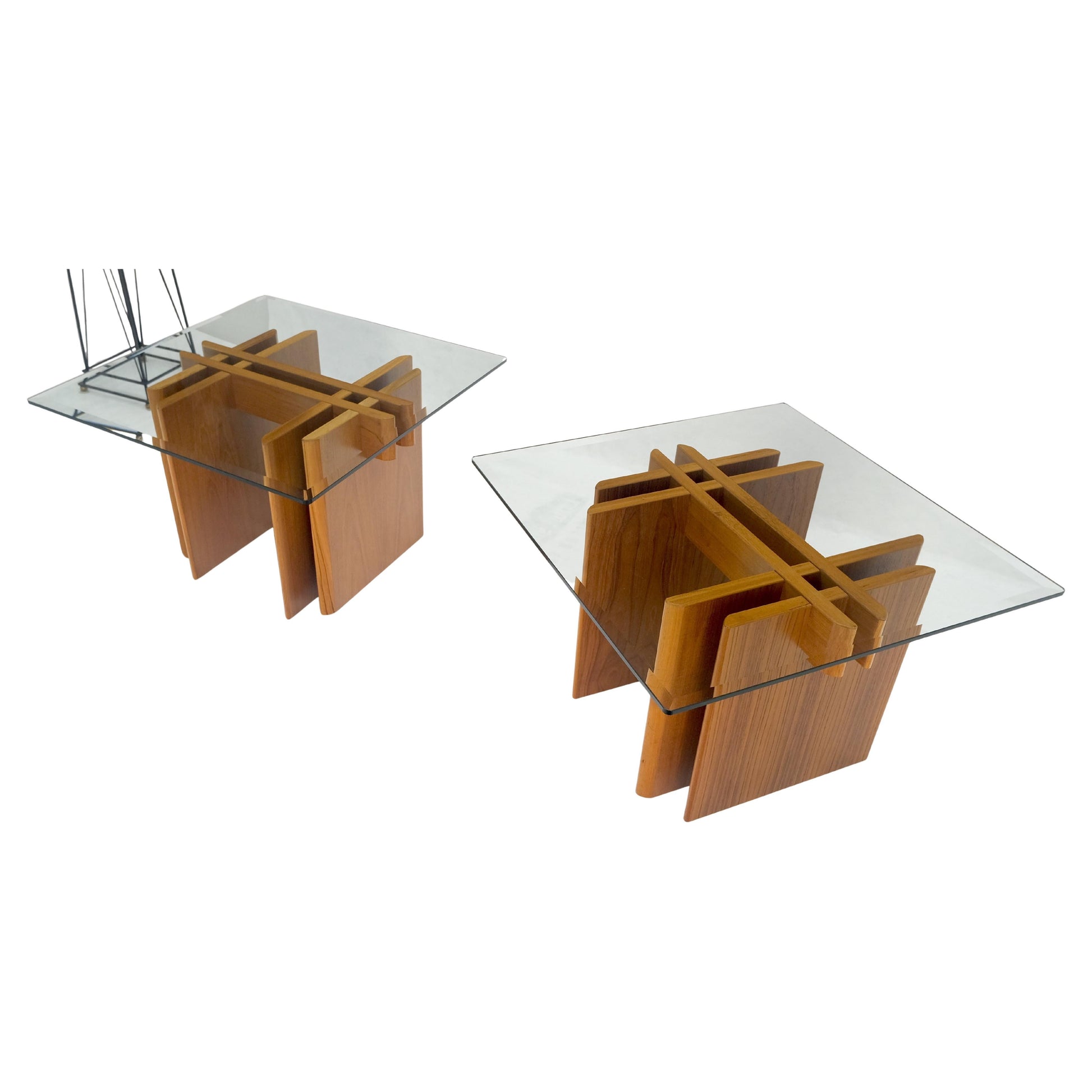 EstablishedLines Pair Danish Teak Mid Century Modern Glass Tops End Side Lamp Tables Stands Mint
