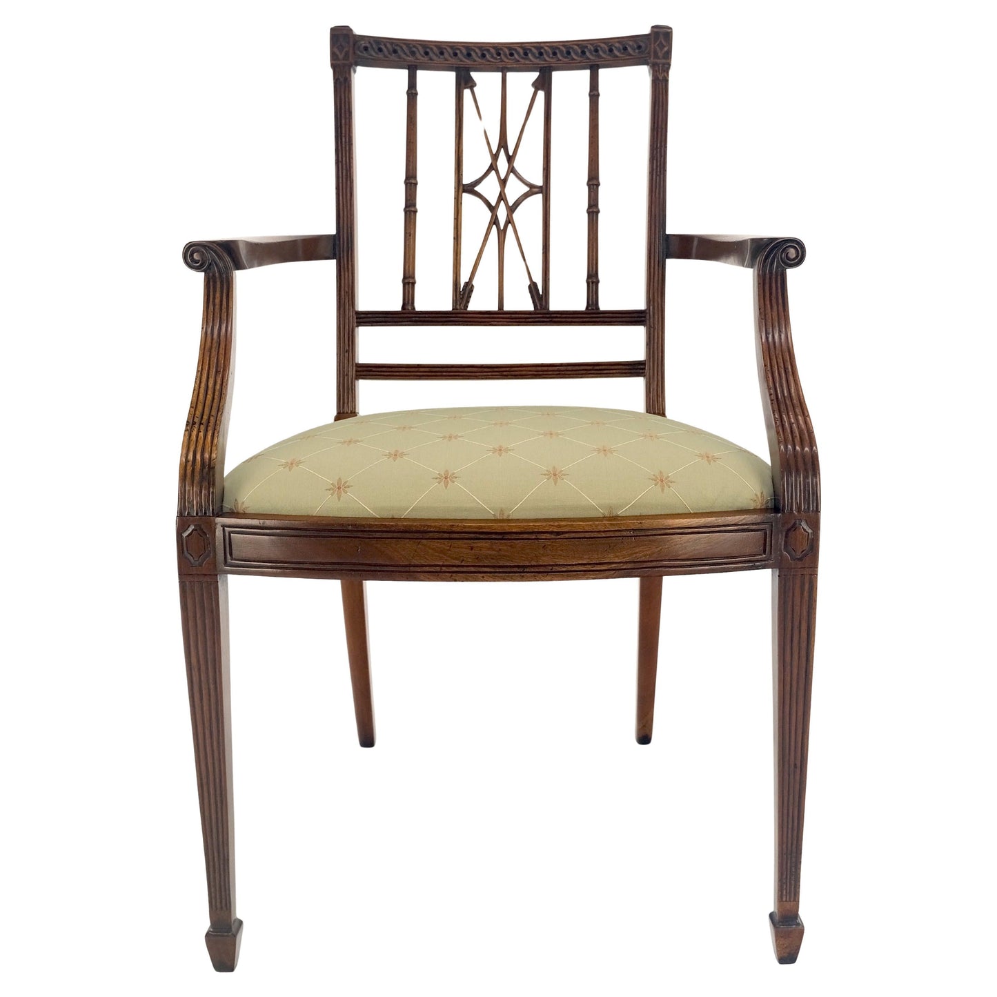EstablishedLines Very Fine Carved Mahogany Open Arm Faux Bamboo Arrows Back Armchair MINT