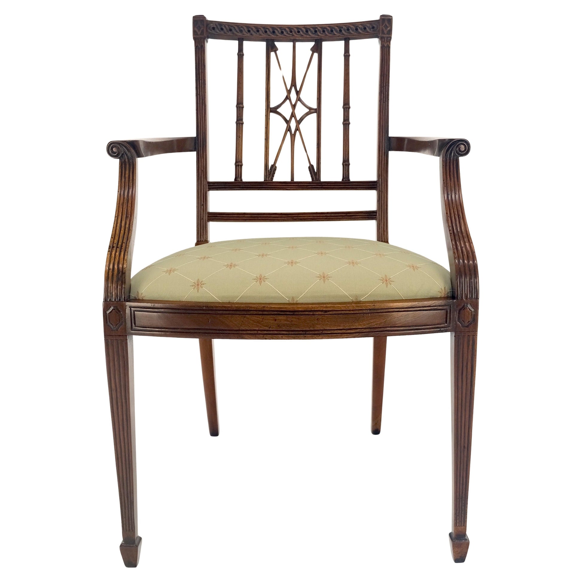EstablishedLines Very Fine Carved Mahogany Open Arm Faux Bamboo Arrows Back Armchair MINT