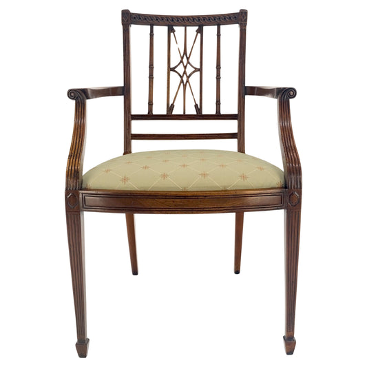 EstablishedLines Very Fine Carved Mahogany Open Arm Faux Bamboo Arrows Back Armchair MINT
