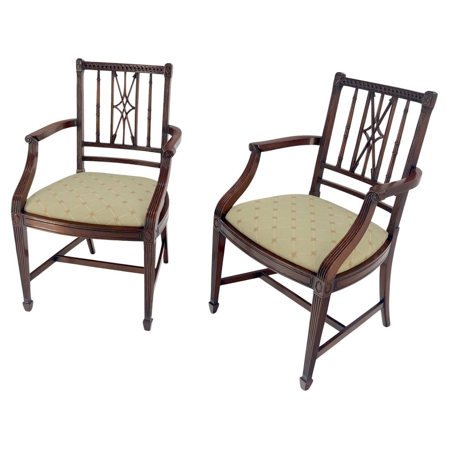 EstablishedLines Pair of Very Fine Carved Mahogany Open Arm Faux Bamboo Arrows Armchairs MINT