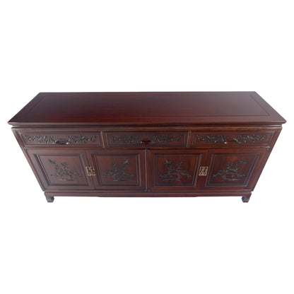 EstablishedLines Asian Mid Century Modern Carved 4 Doors 3 Drawers Credenza Dark Solid Teak MINT