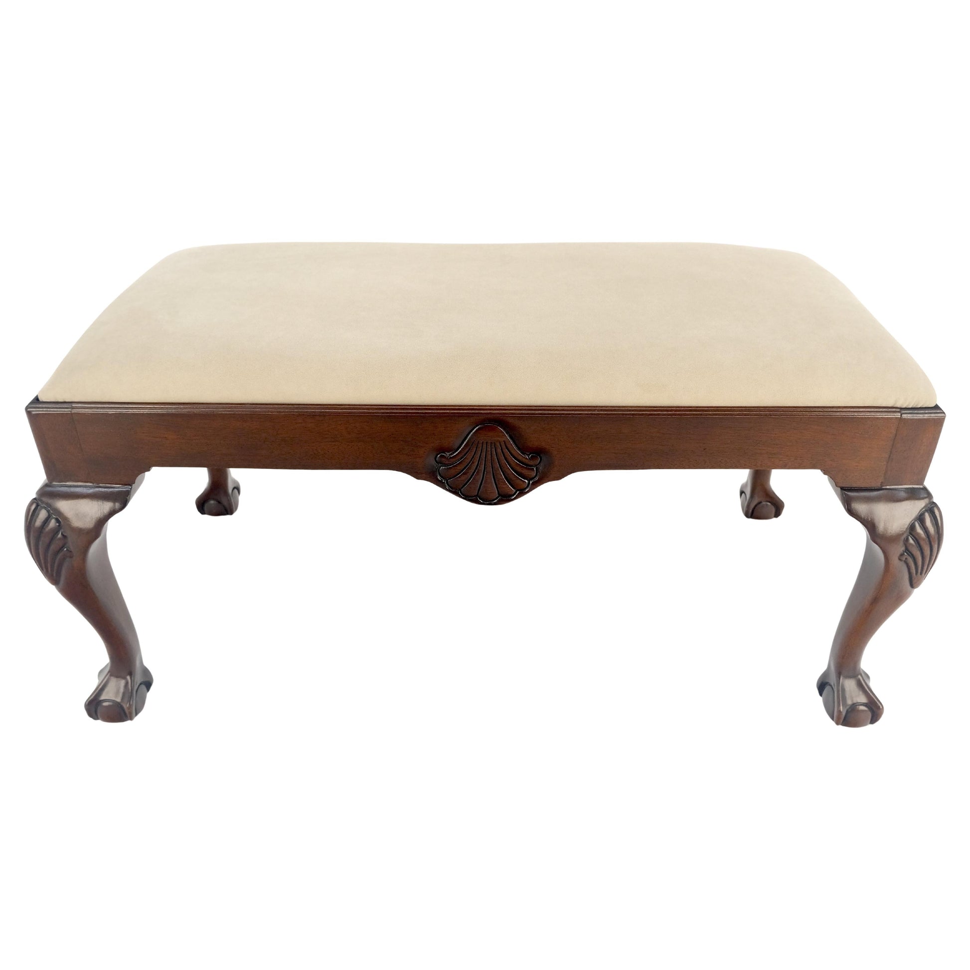 EstablishedLines Carved Mahogany Ball & Claw Chippendale Feet Ultra Suede Upholstery Bench MINT
