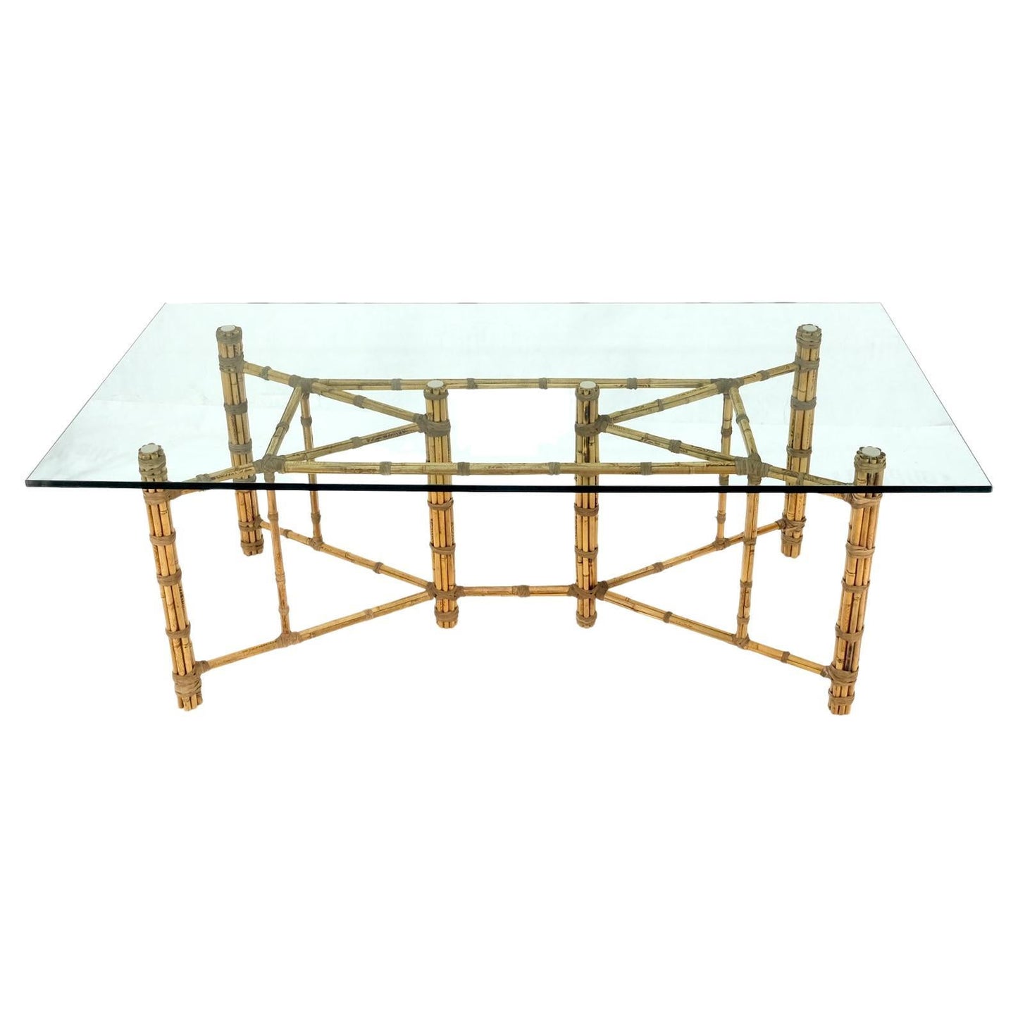 Large Glass Top Bamboo & Leather Straps Frame Dining Conference Table by McGuire