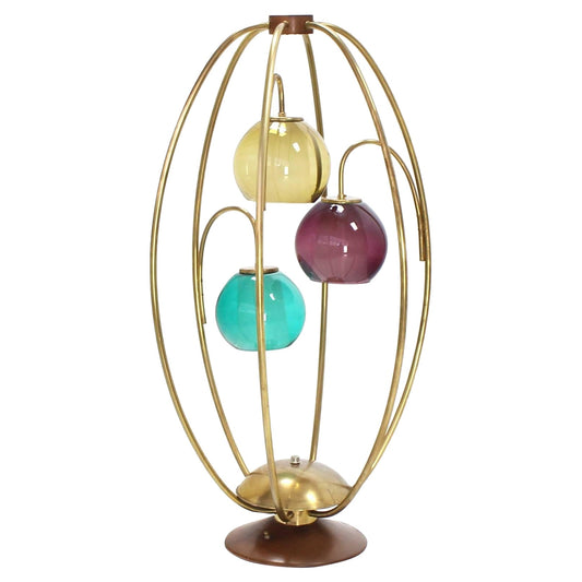 Oval "Bird Cage" Brass Table Lamp Purple Blue Yellow Glass Globe Shades MINT!