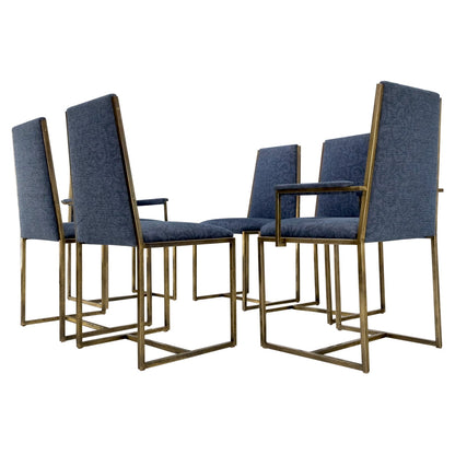 Set 6 Nice Bronze Satin Finish Blue Upholstery Dining Side Arm Chairs Armchairs