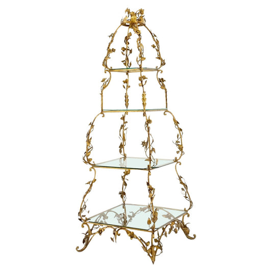 Gilt Metal Flowers Decorated Italian Pyramid Shape Display Shelves Etagere Table