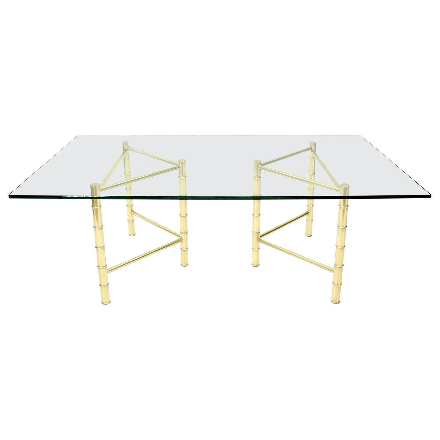 Double Pedestal Faux Brass Bamboo Glass Top Dining Conference Table