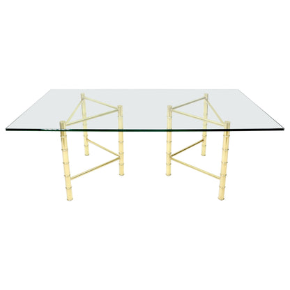 Double Pedestal Faux Brass Bamboo Glass Top Dining Conference Table