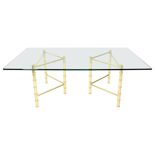 Double Pedestal Faux Brass Bamboo Glass Top Dining Conference Table