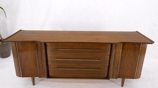 American Walnut long Dresser w/ Rolled Edges Curved Front Dresser Brass Pulls