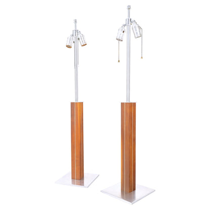 Pair Walter Von Nessen for Nessen Studios Walnut Inlaid Chrome Tower Table Lamp