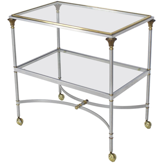 Two-Tier Brass Chrome Glass Rectangular Mid-Century Modern Serving Bar Cart