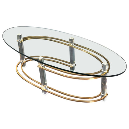 Mid-Century Oval Thick Glass Top Lucite Brass Base Coffee Table