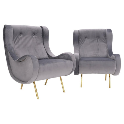 Pair Italian Mid-Century Modern Brass Legs Grey Arm Lounge Chairs