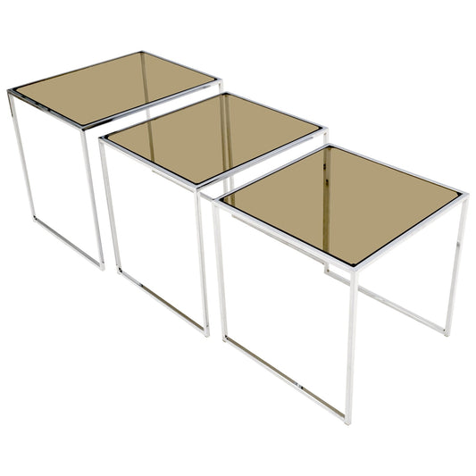 Set of Wide Rectangle Shape Chrome & Smoked Glass Nesting End Side Tables