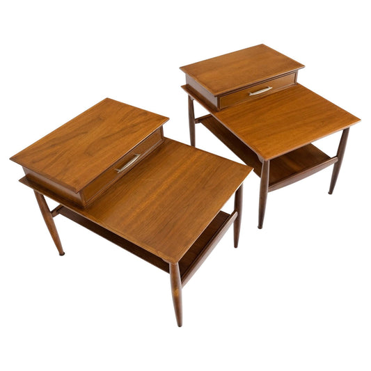 Pair Walnut American Mid-Century Modern One Drawer Step End Tables Stands Mint!