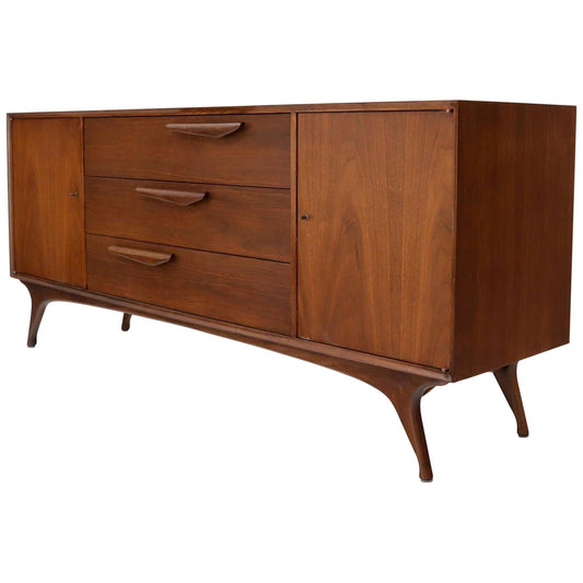 Sculptural Legs Long 9 Drawers Walnut Credenza Dresser with Doors