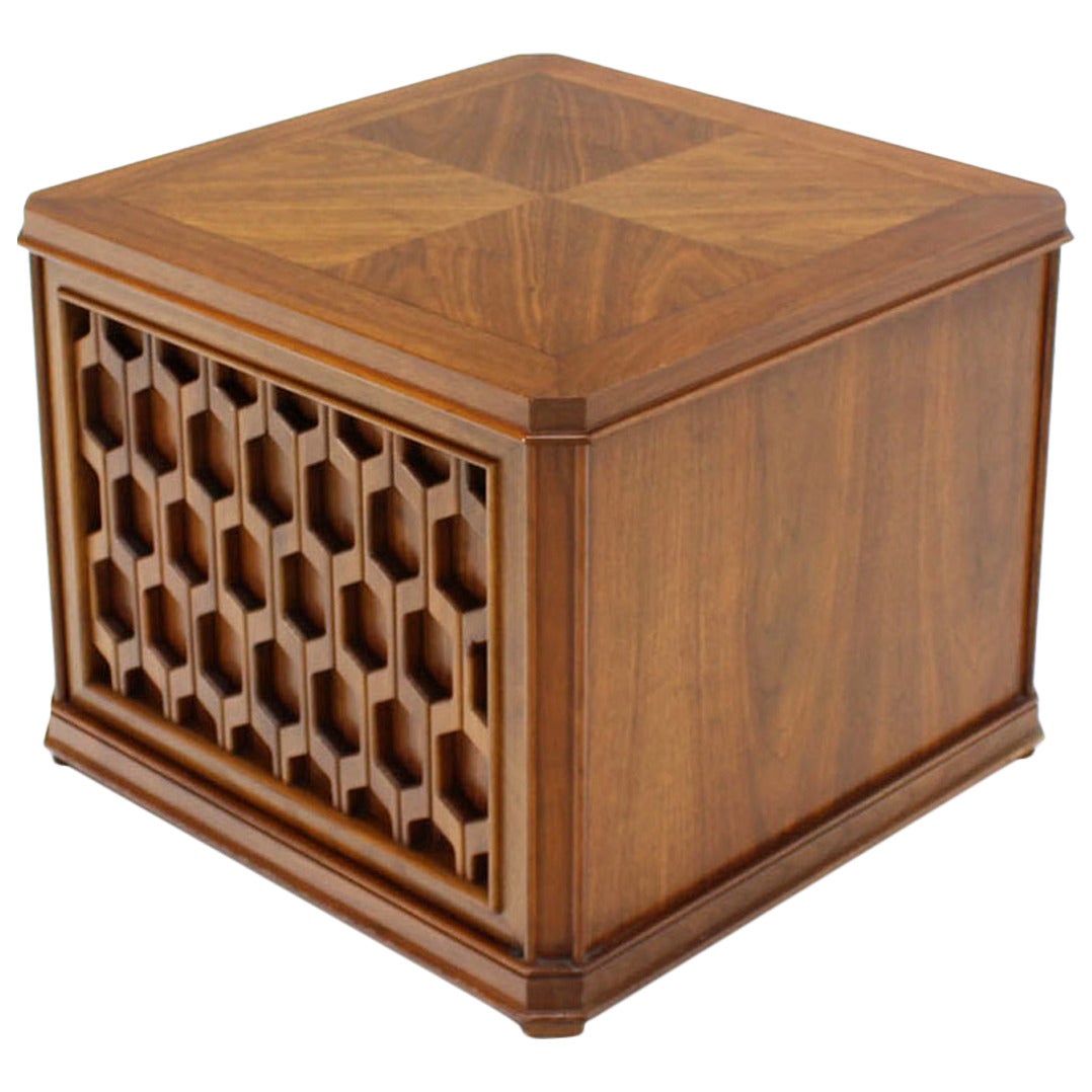 Walnut Carved Honeycomb Pattern One Door Cube Square Shape Side End Table Stand