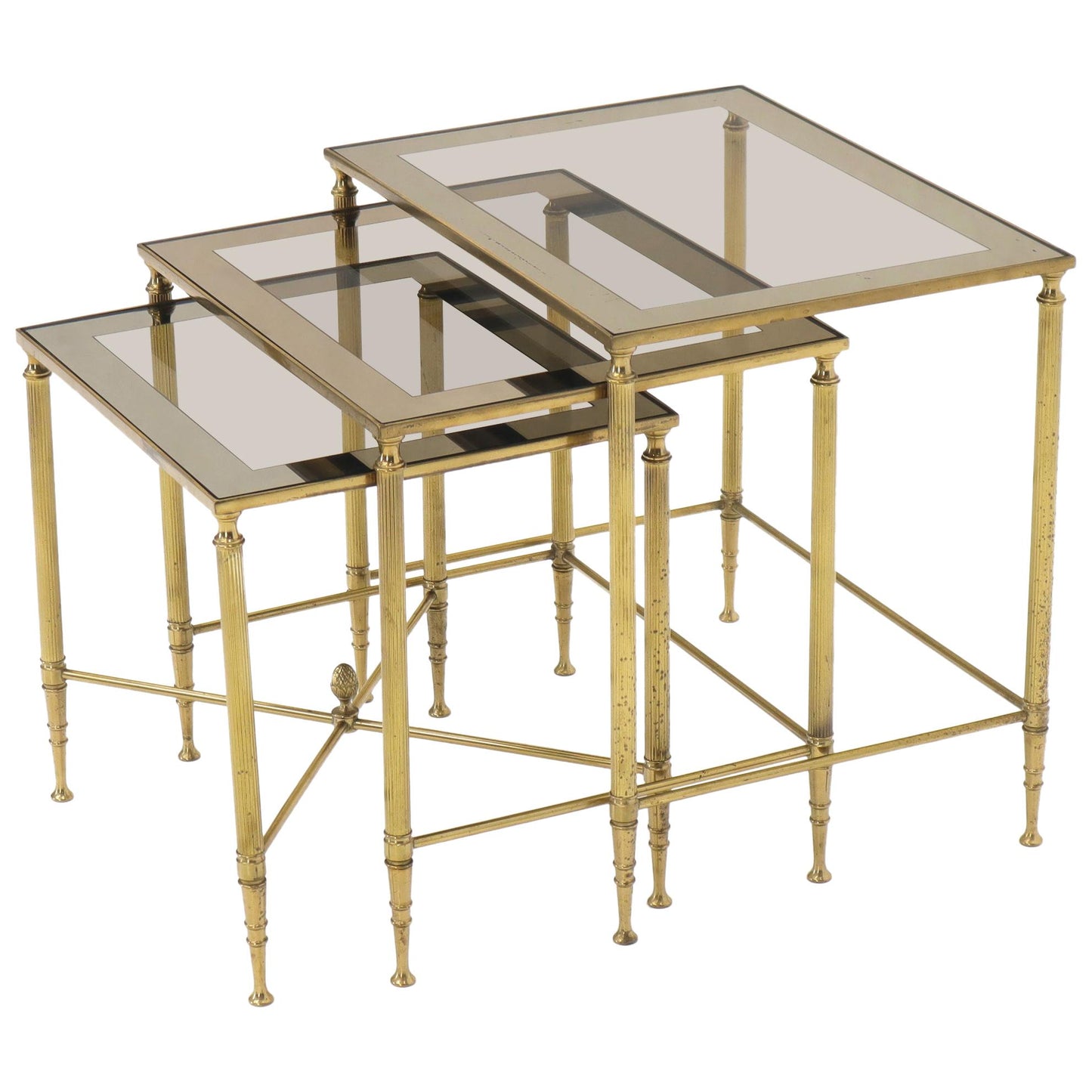 Set of 3 Brass Mirrored Border Glass Tops Nesting Stacking Tables