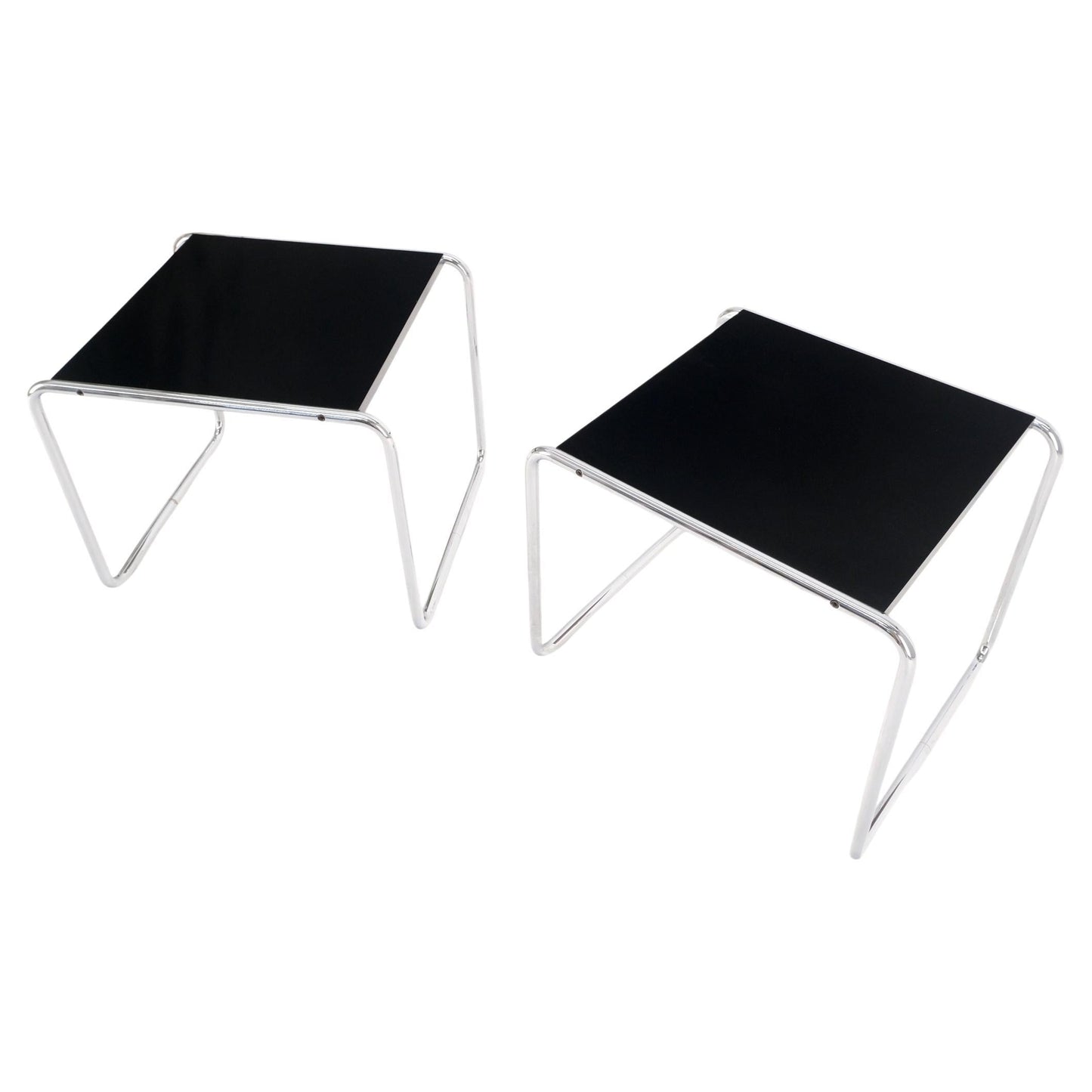 Pair Marcel Breuer Laccio Side Tables Black Laminated Top Tubular Chromed Base