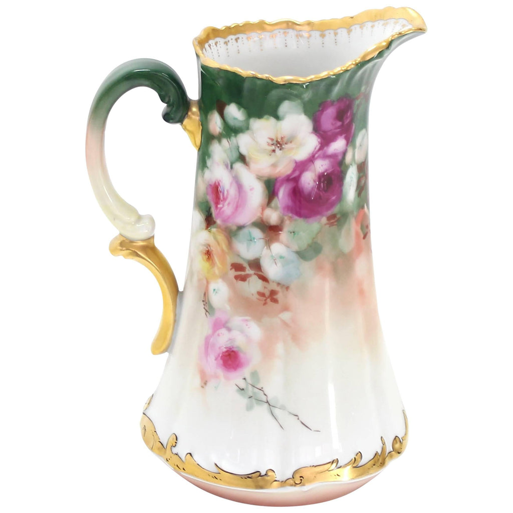 T&V France Floral Vase Shape Flower Painted Porcelain Pitcher