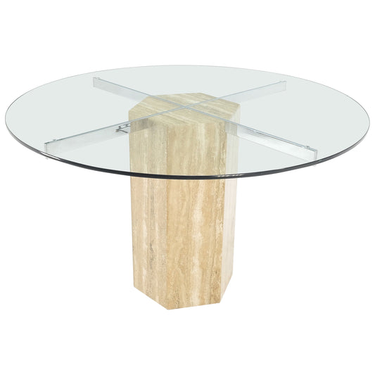 Italian MCM Travertine Hexagon Base Round Glass Top Dining Dinette Table Mint!