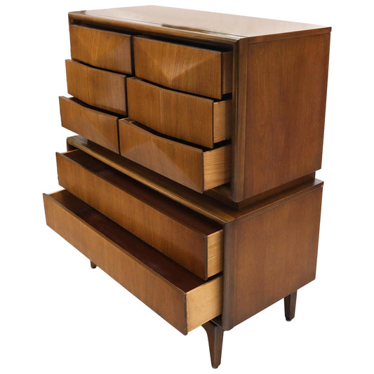 Diamond Front Walnut Mid-Century Modern Double High Chest Dresser